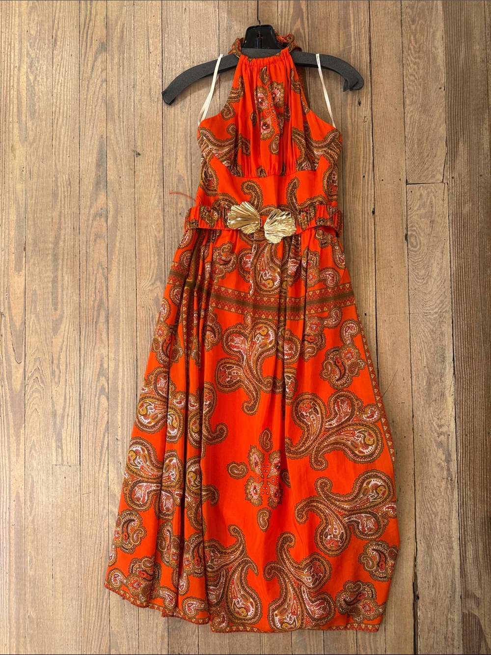 Cara Cara Dena size 6 NWT Orange Paisley Halter Maxi with Gold Leaf Belt